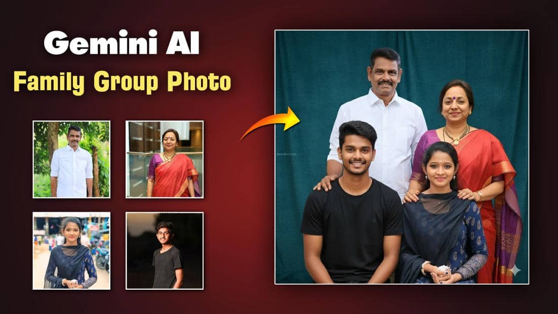 Generate a realistic South Indian family group photo with I send u above all members. Use the same outfits from the uploaded photos. Place younger members in the front and older members (like parents) behind them. One elder can gently place their hand on the younger's shoulder. Set the scene in a traditional photo studio with soft lighting and a curtain or plain background. Everyone should be smiling and looking at the camera. Keep the style authentic, respectful, and culturally South Indian.
